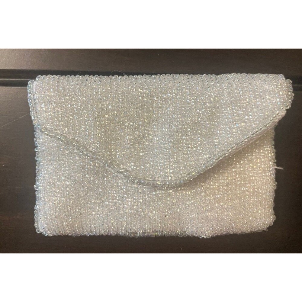 White Beaded Envelope Clutch Bridal Seed Bead Retro Evening Bag Y2K Cocktail NEW